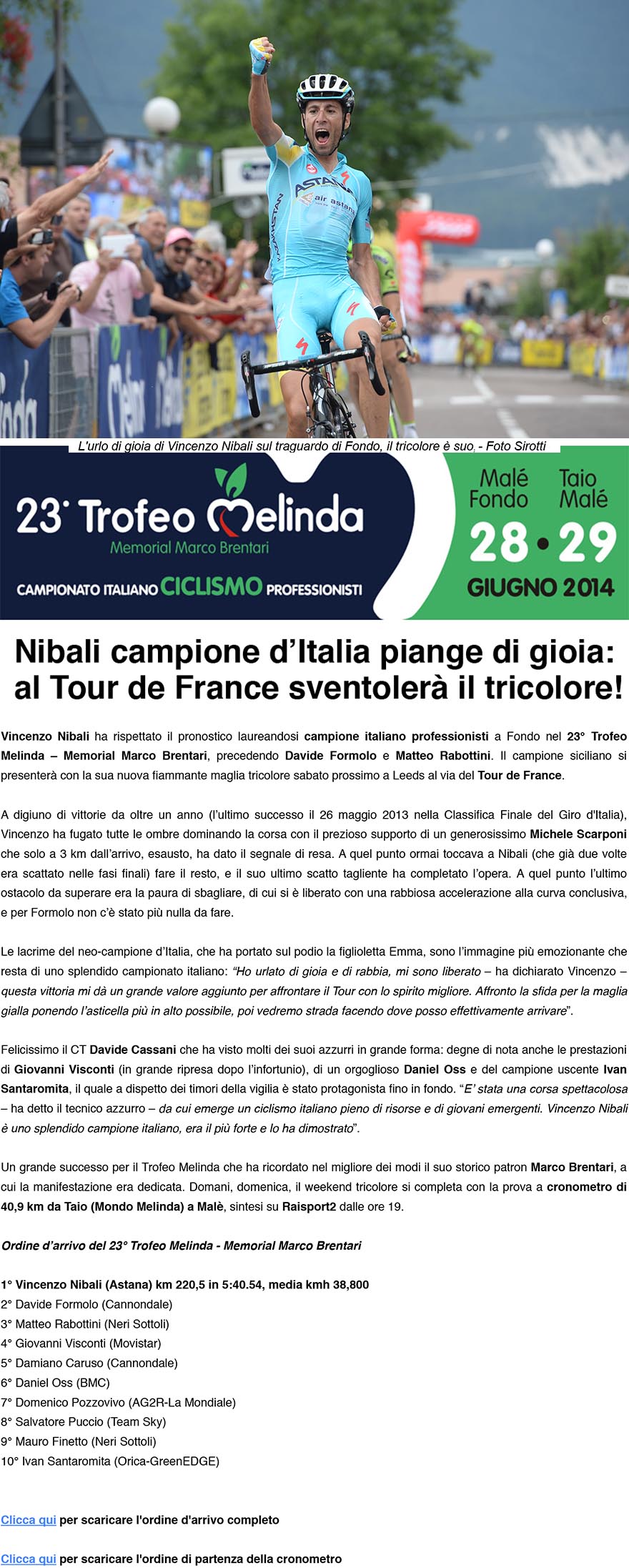 Vincenzo Nibali conquista il Campionato Italiano /Trofeo Melinda